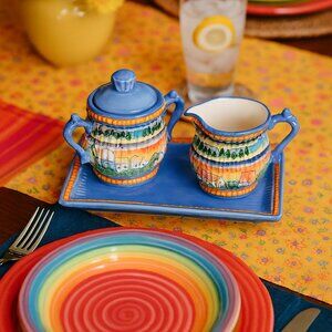 Vintage Baum Bros Style Eyes “Village by the Sea” Sugar & Creamer Set w/ Tray